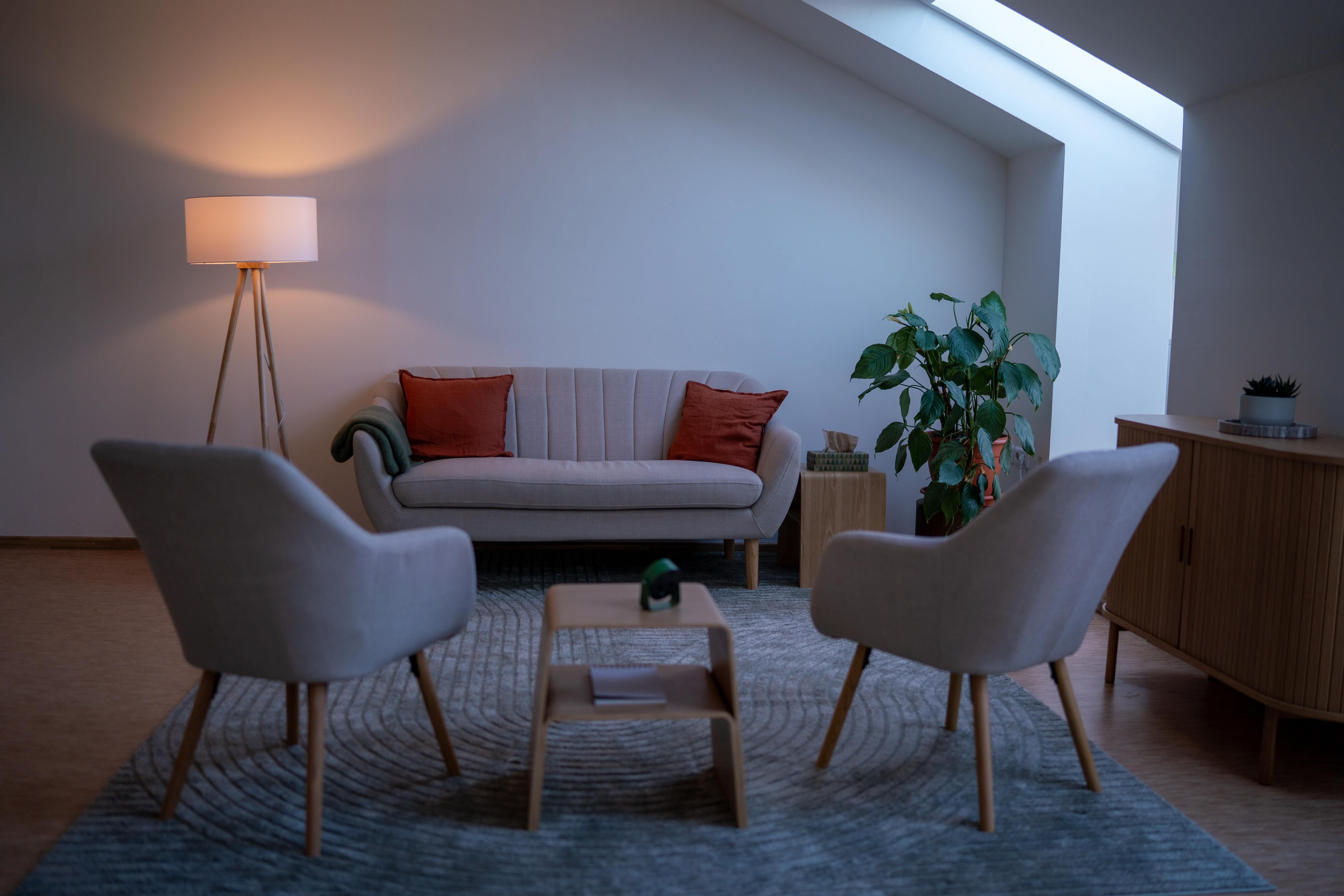 Heller Therapieraum im Dachgeschoß der Praxis in Korneuburg mit Sofa und zwei Sesseln